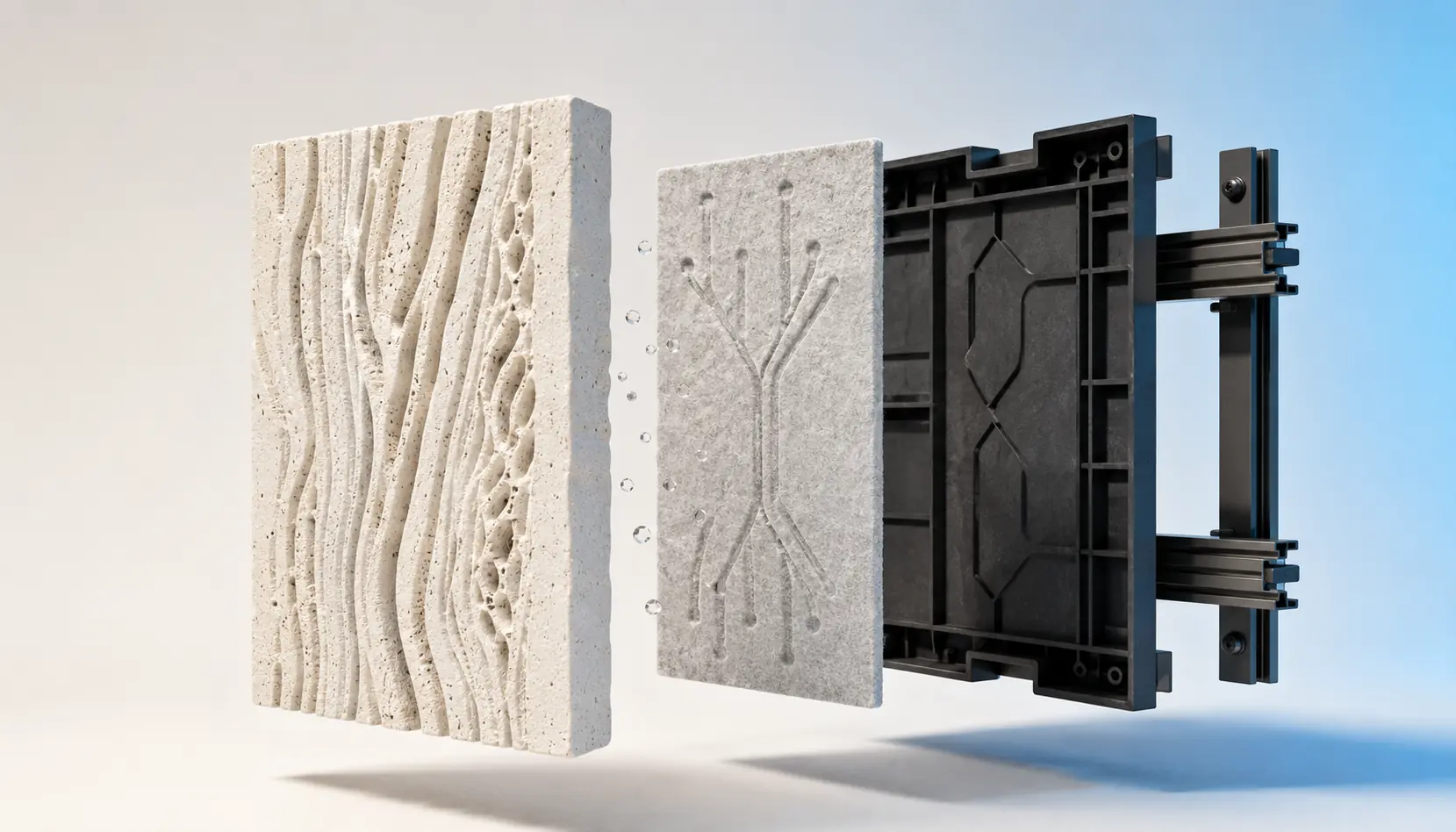 Exploded view of the NIVAL assembly: porous ceramic face panel, mineral wick layer, and black rail cassette