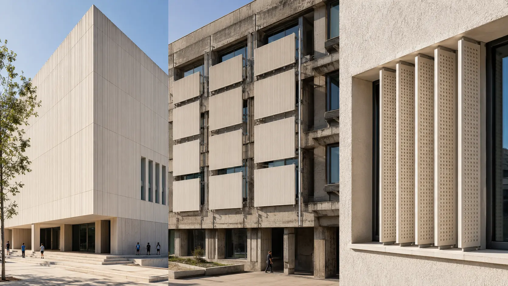 Three facade conditions side by side: a continuous ceramic rainscreen, a cassette overlay on an existing concrete building, and deep vertical cooling fins